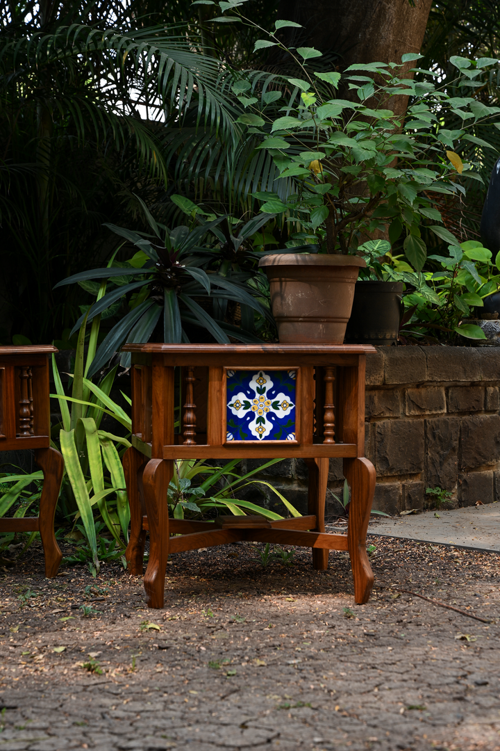 BOTANICAL SYMMETRY – PAIR OF TEAK SIDE TABLES WITH CERAMIC TILE INLAYS