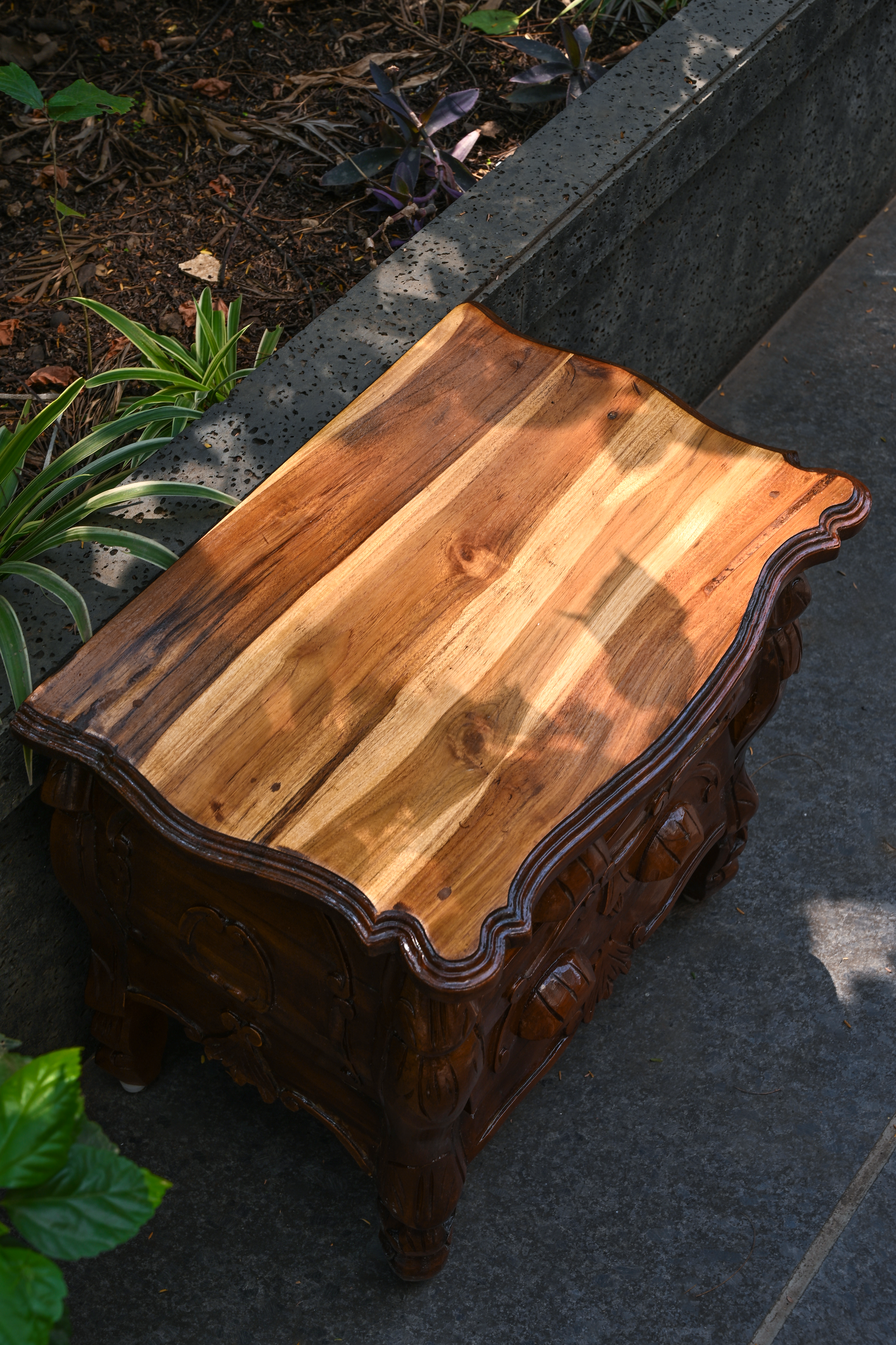 CARVED PLINTH - CARVED OLD GROWTH TEAK CHEST-TABLE