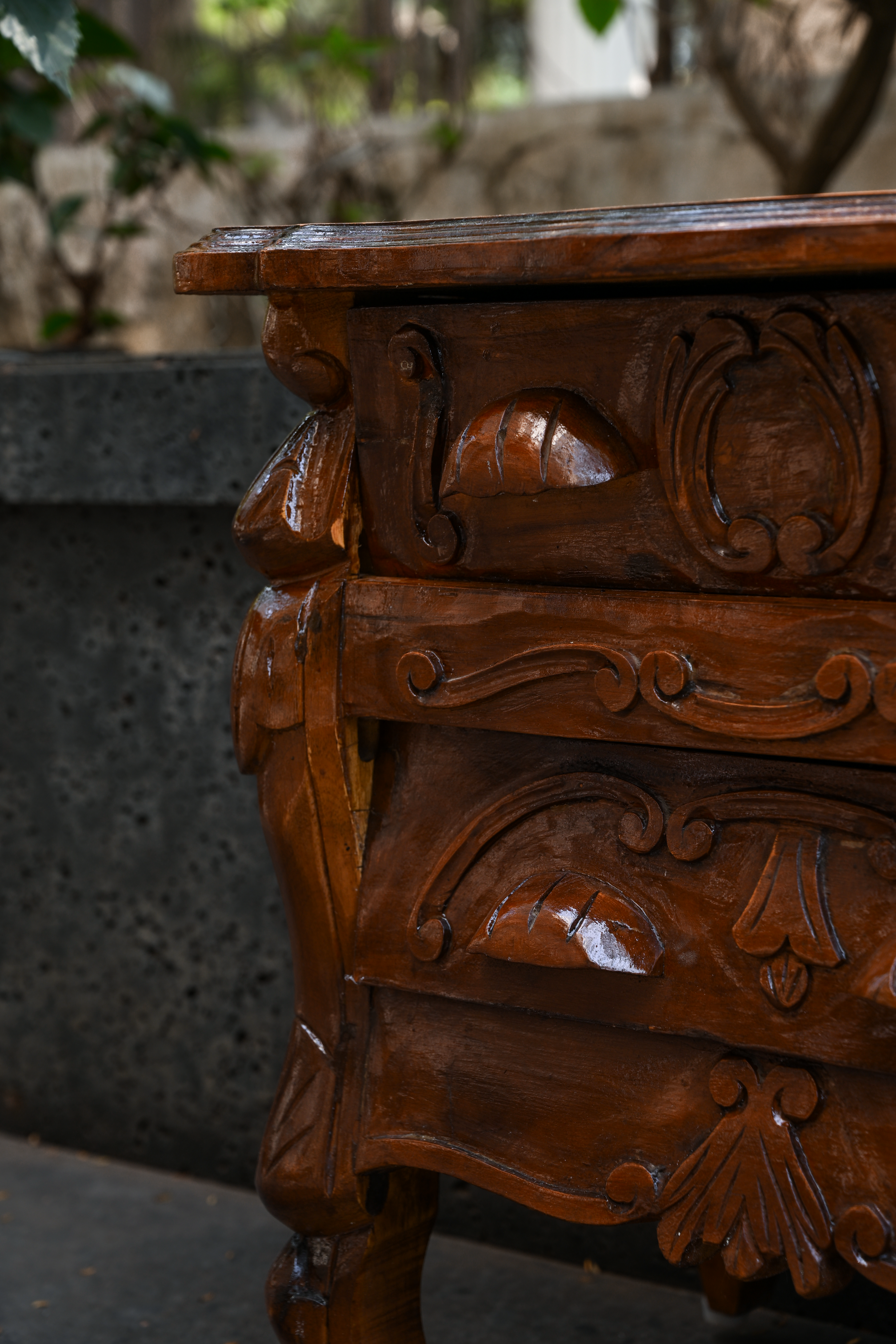 CARVED PLINTH - CARVED OLD GROWTH TEAK CHEST-TABLE