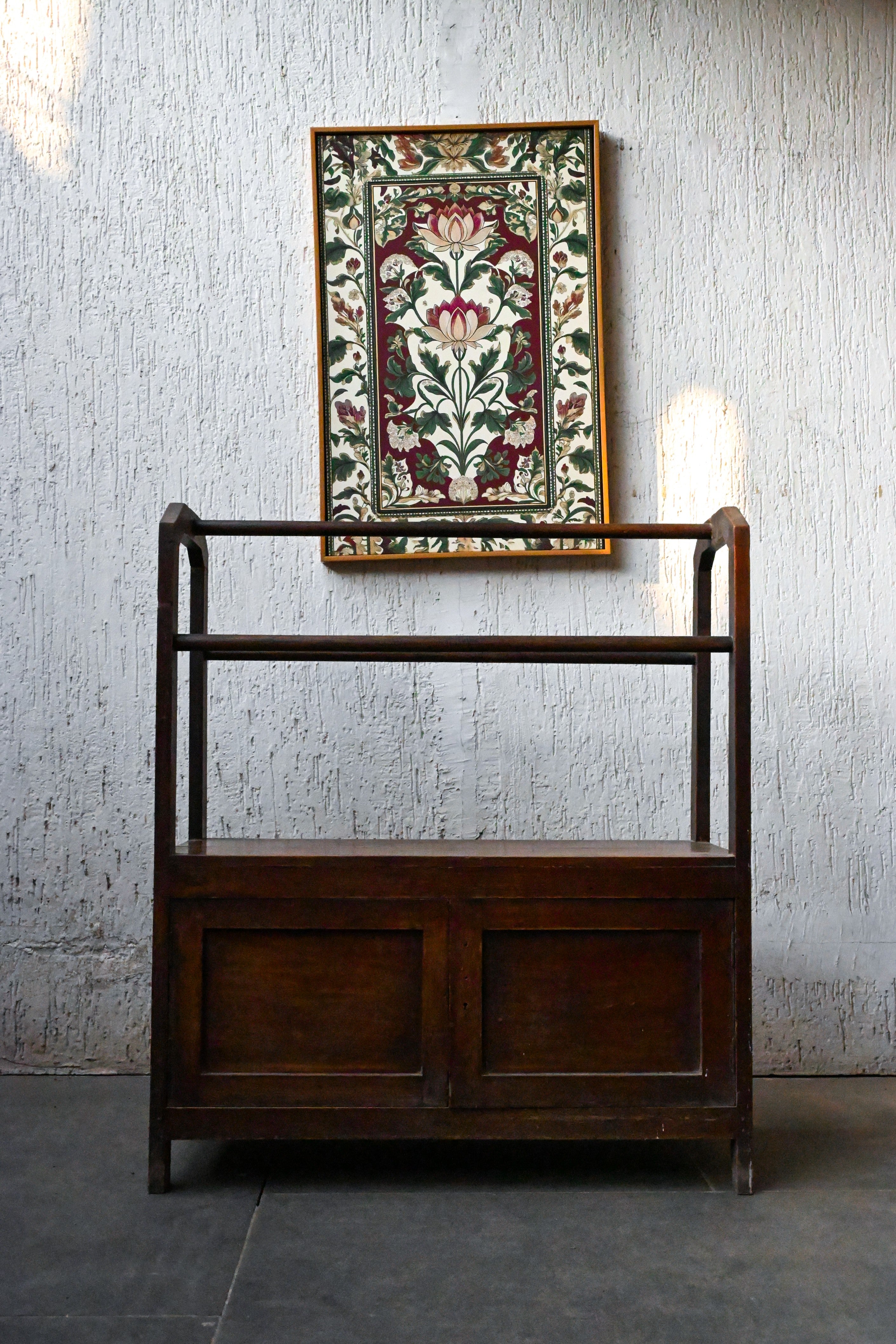 Mini Ritual Wash Anglo-Indian Utility Towel Rack Cabinet - Old Teak
