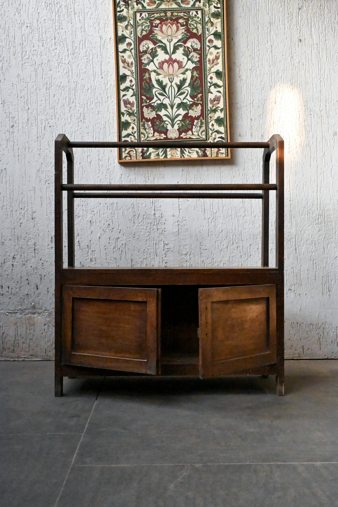 Mini Ritual Wash Anglo-Indian Utility Towel Rack Cabinet - Old Teak